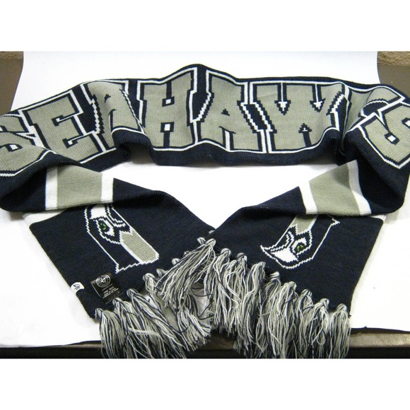 47 Brand Seattle Seahawks Spellout Retro knit Scarf Gray Blue Fringe Winter Warm - Picture 2 of 2